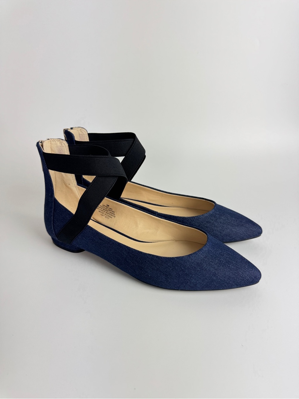 Nine West Denim Navy Pointed-Toe Flats with Black Crisscross Straps